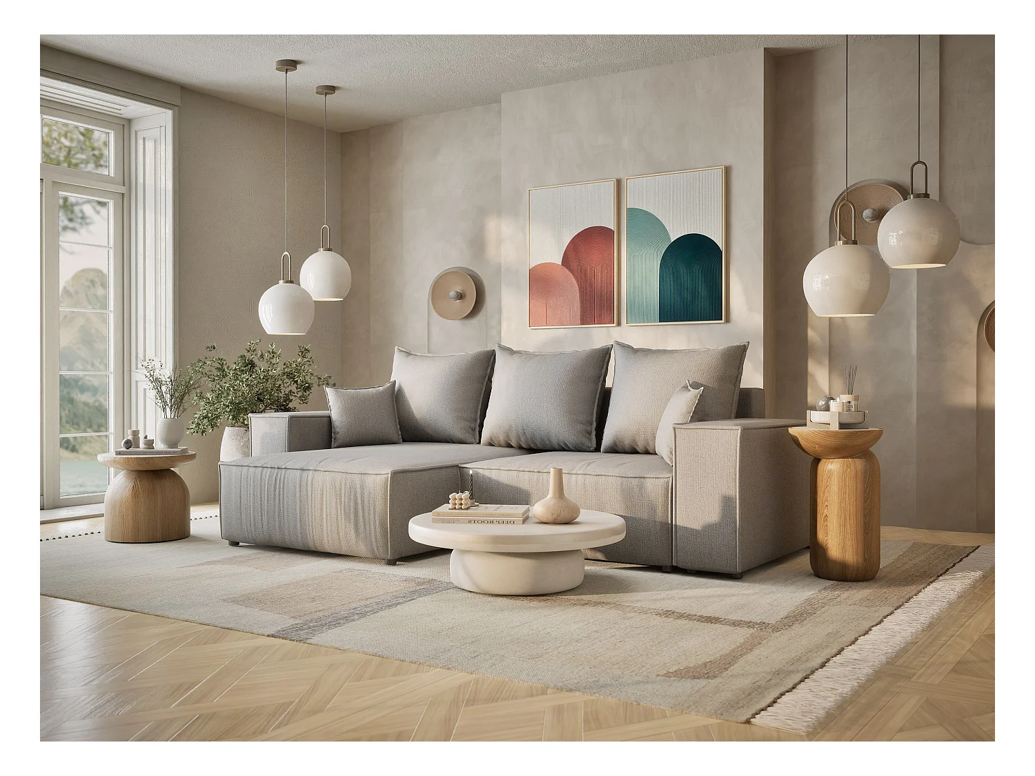 Canapé d'angle convertible Moyo im tissu tresse - 3 places - gris clair