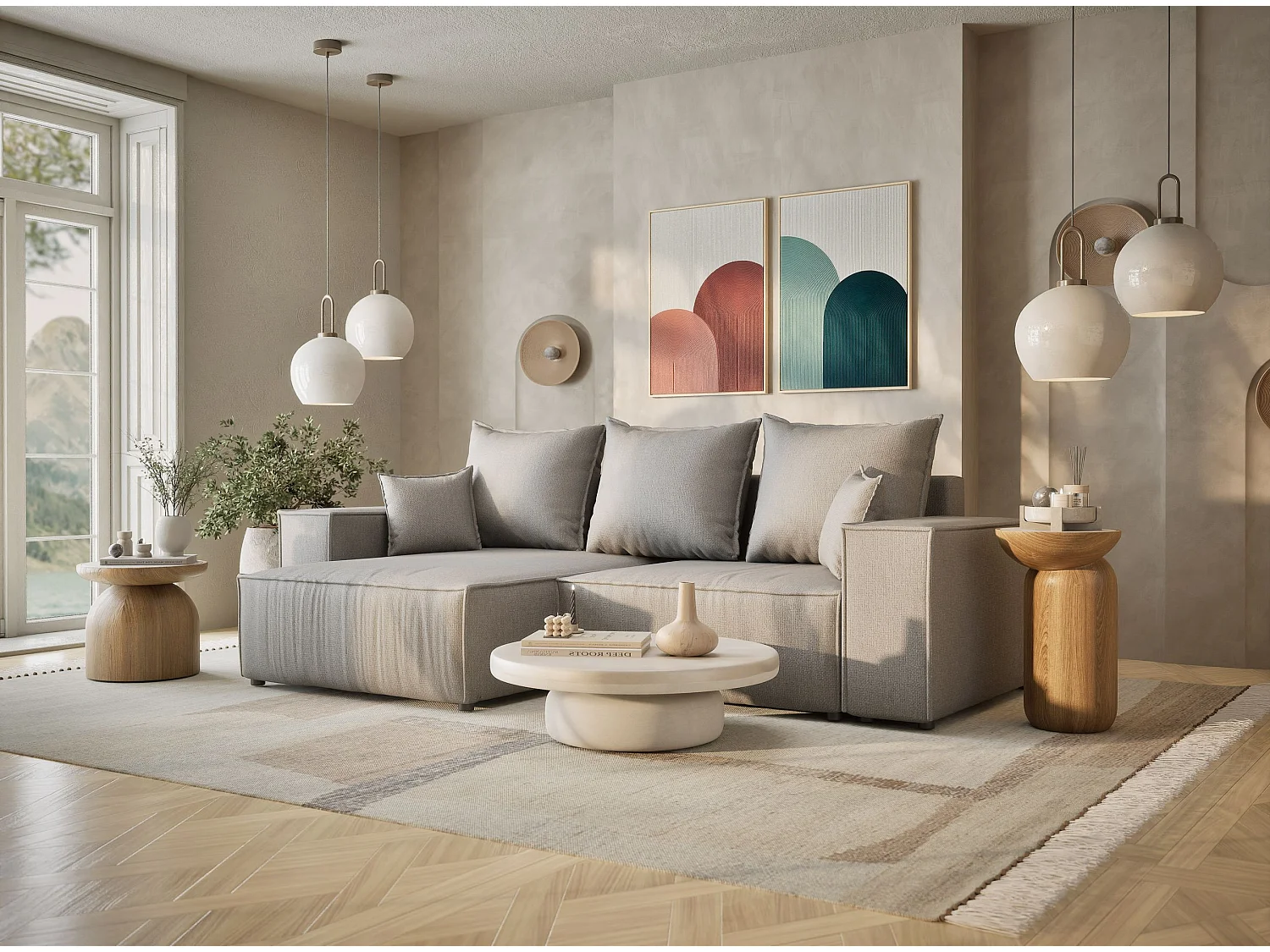 Canapé d'angle convertible Moyo im tissu tresse - 3 places - gris clair