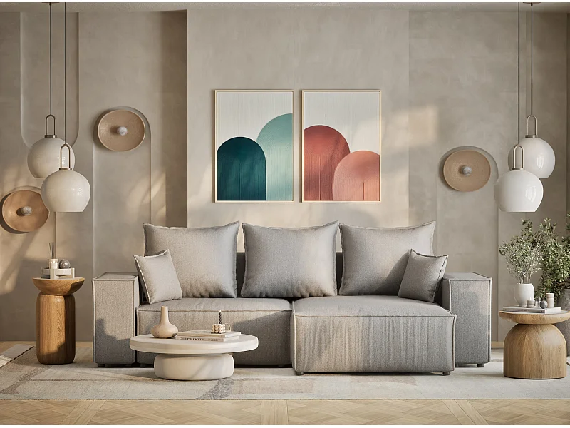 Hoekbank met slaapfunctie Moyo in geweven stof - Driepersoons - lichtgrijs