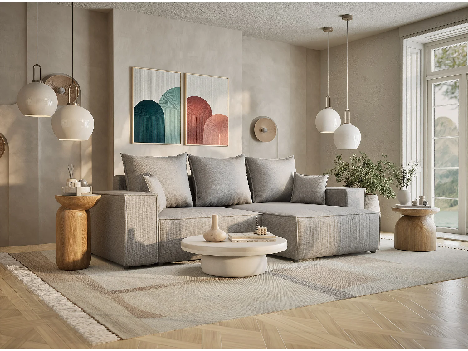 Canapé d'angle convertible Moyo im tissu tresse - 3 places - gris clair