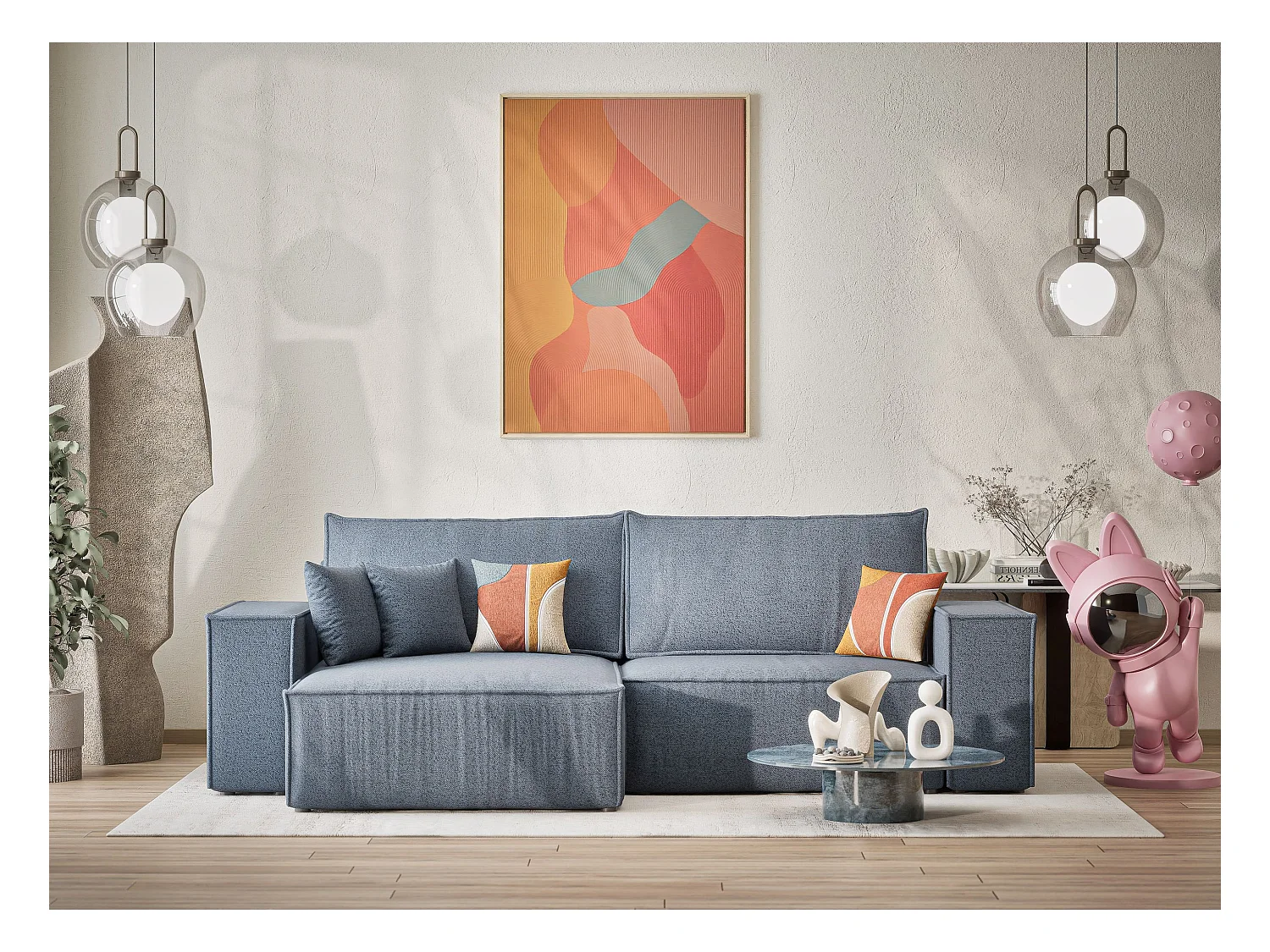 Canapé d'angle convertible Zaya im tissu tresse - 3 places - bleu gris