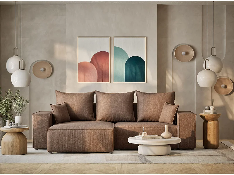 Canapé d'angle convertible Moyo im tissu tresse - 3 places - brun