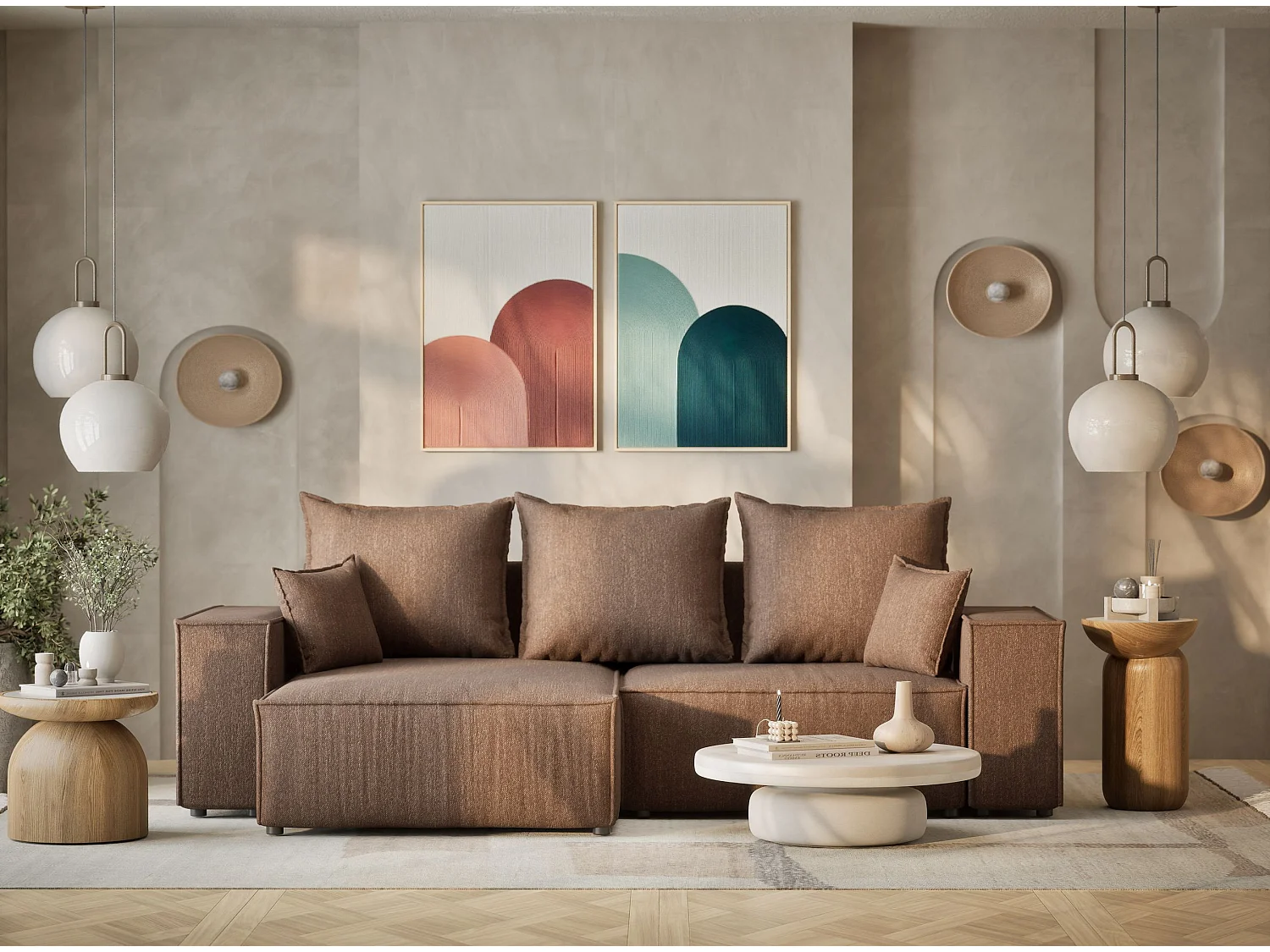 Canapé d'angle convertible Moyo im tissu tresse - 3 places - brun