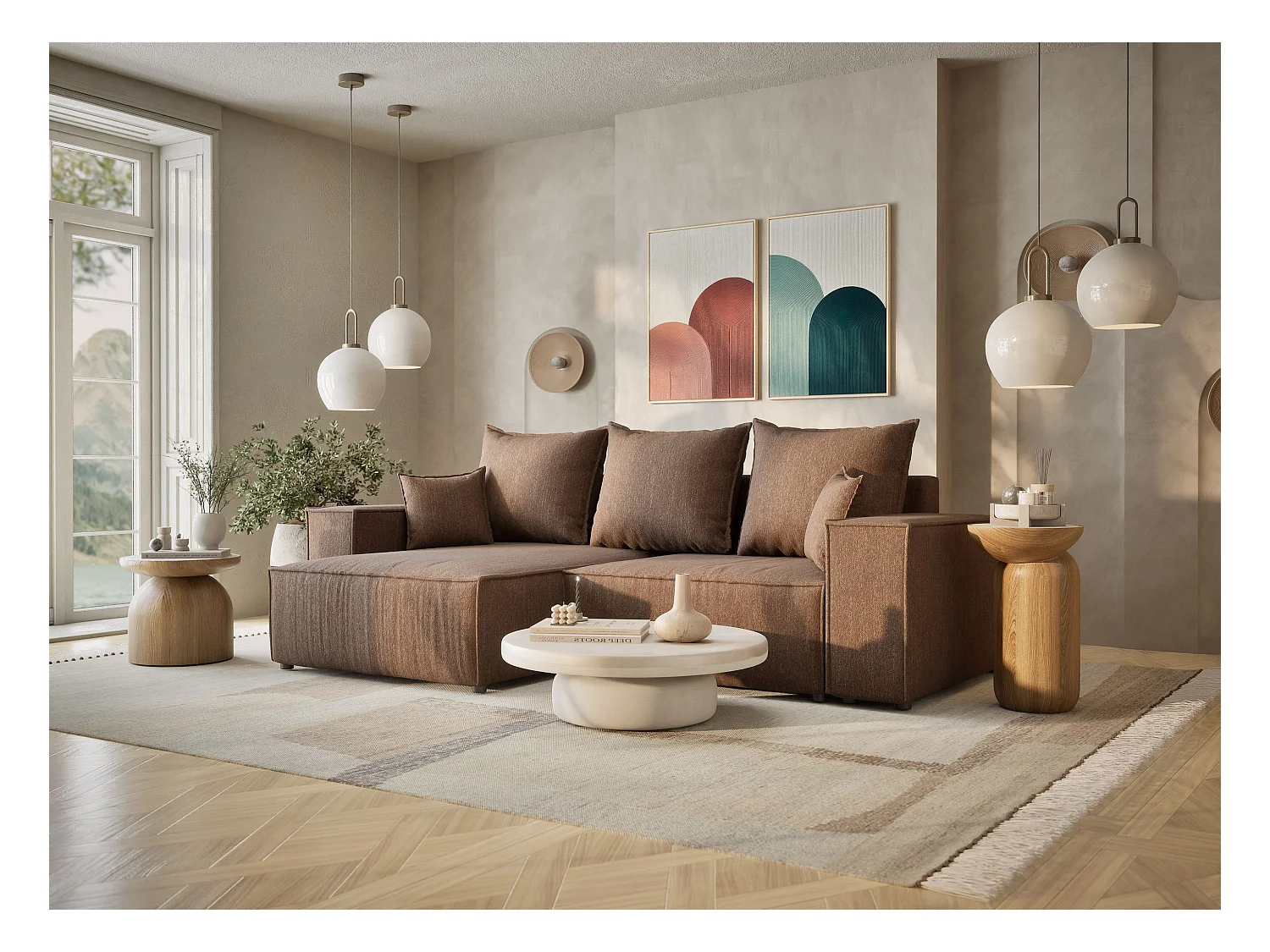 Canapé d'angle convertible Moyo im tissu tresse - 3 places - brun