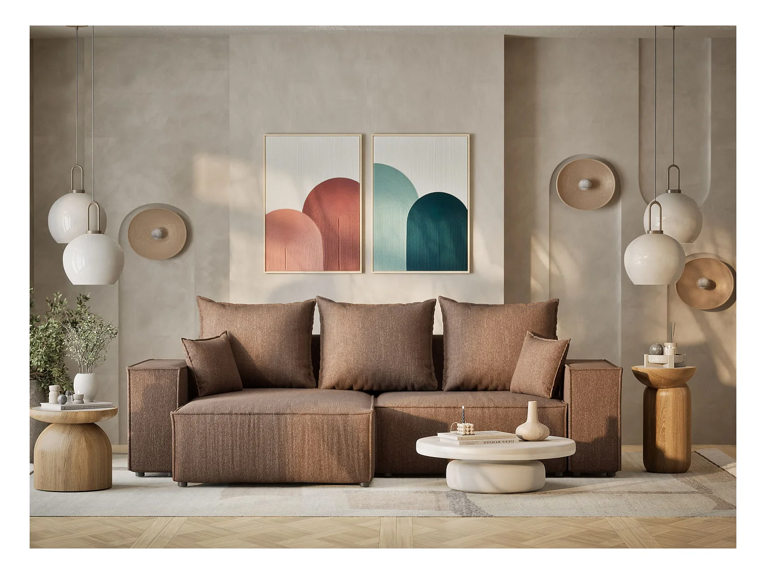 Ecksofa mit Schlaffunktion Moyo aus Webstoff - Drei-Personen - braun
