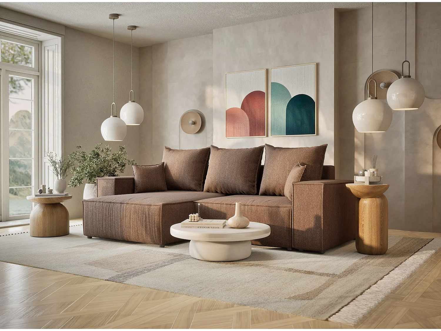 Canapé d'angle convertible Moyo im tissu tresse - 3 places - brun