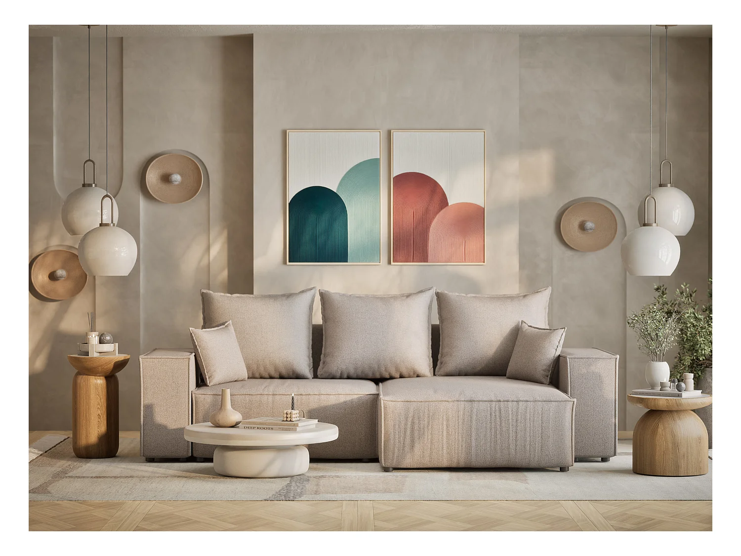 Canapé d'angle convertible Moyo im tissu tresse - 3 places - beige clair