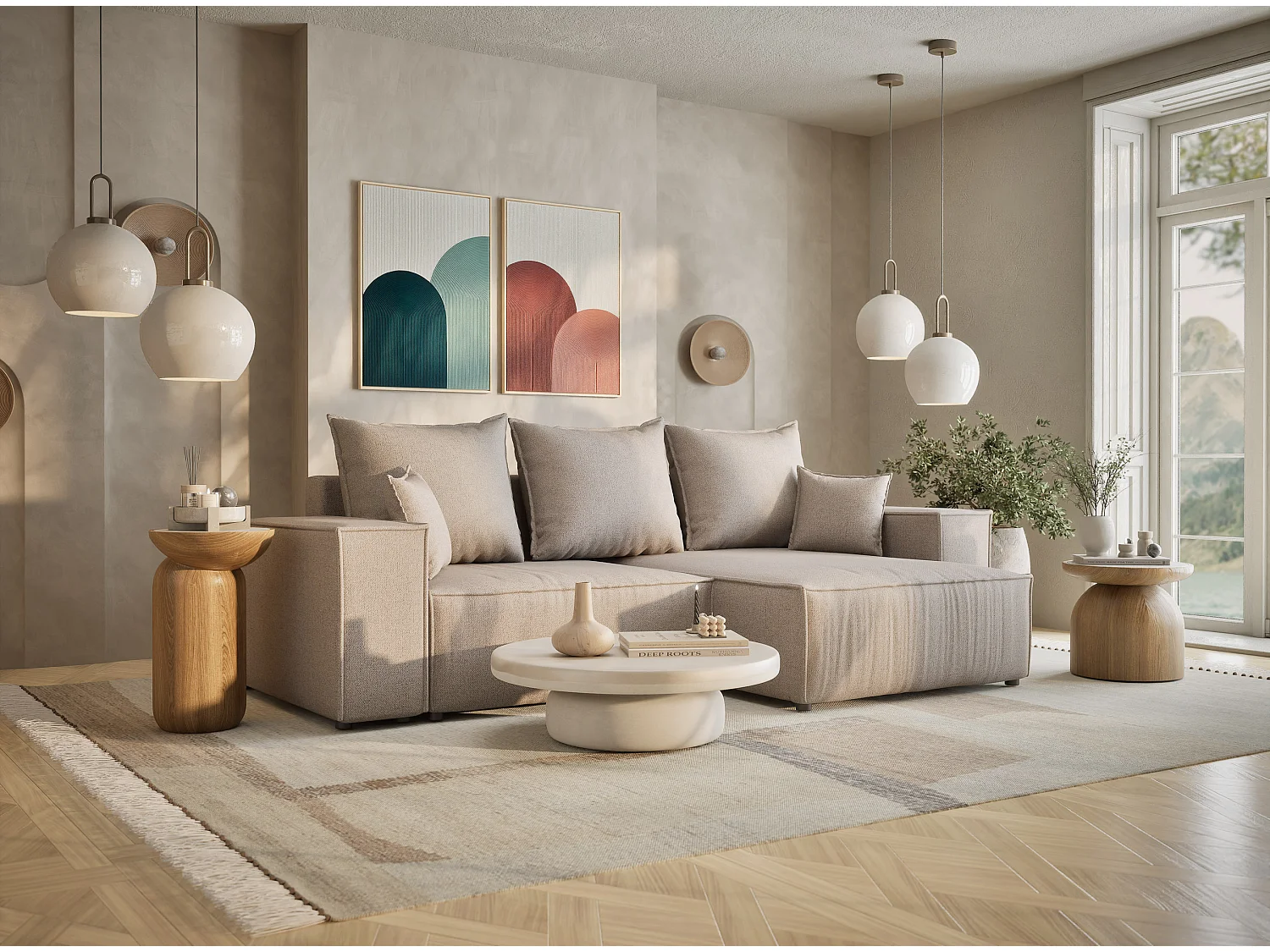 Canapé d'angle convertible Moyo im tissu tresse - 3 places - beige clair