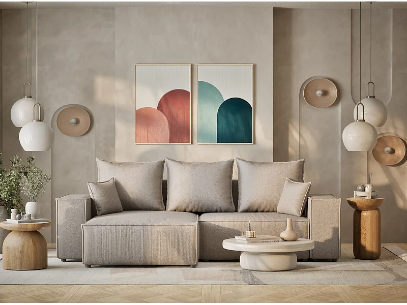 Ecksofa mit Schlaffunktion Moyo aus Webstoff - Drei-Personen - beige