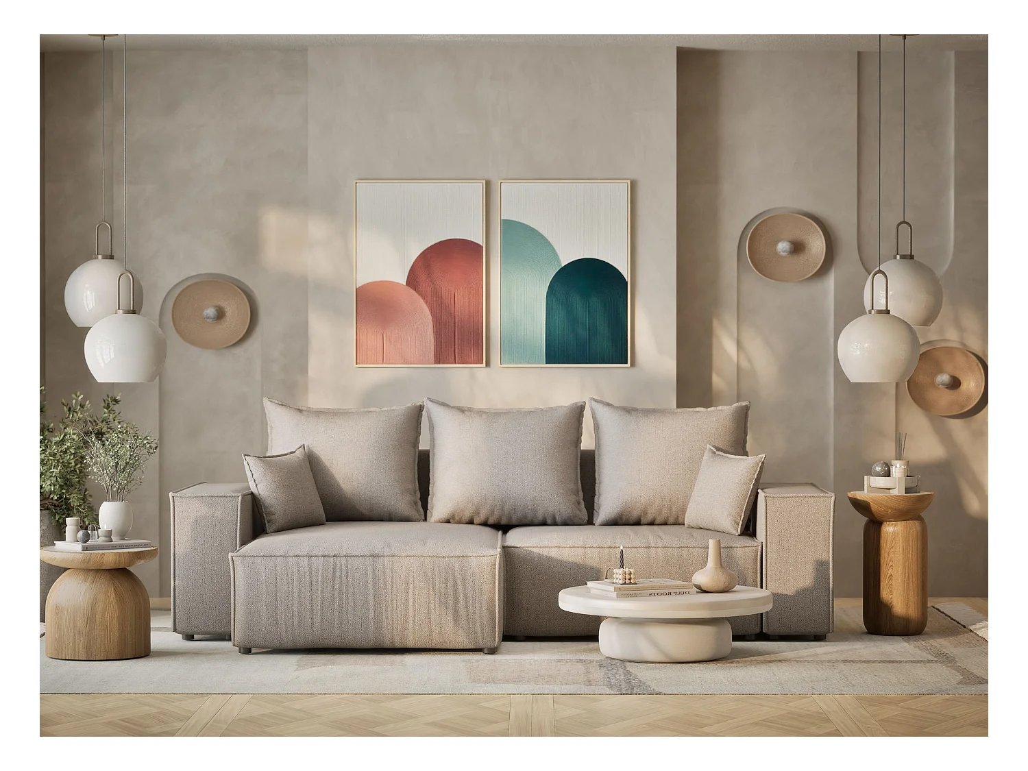 Canapé d'angle convertible Moyo im tissu tresse - 3 places - beige