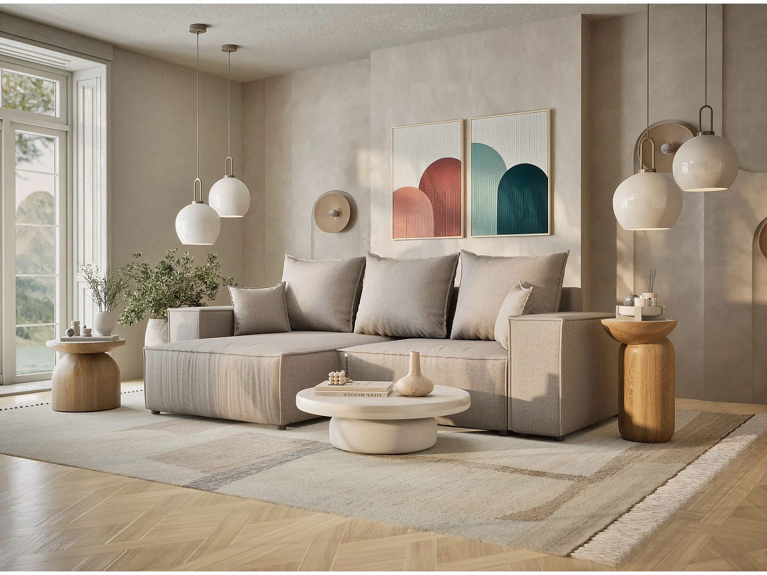 Canapé d'angle convertible Moyo im tissu tresse - 3 places - beige