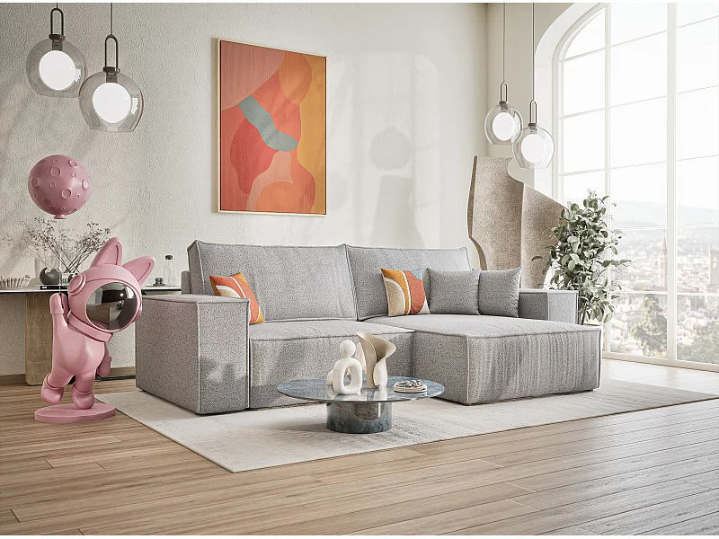 Canapé d'angle convertible Zaya im tissu tresse - 3 places - gris clair