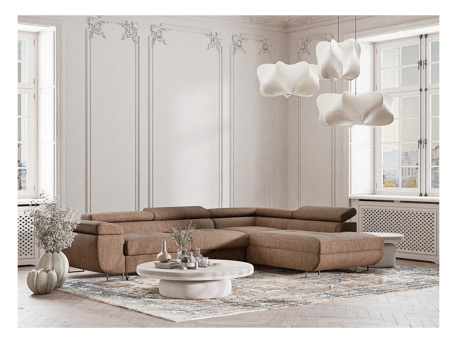 Canapé d'angle convertible Concord im tissu tresse - 5 places - brun