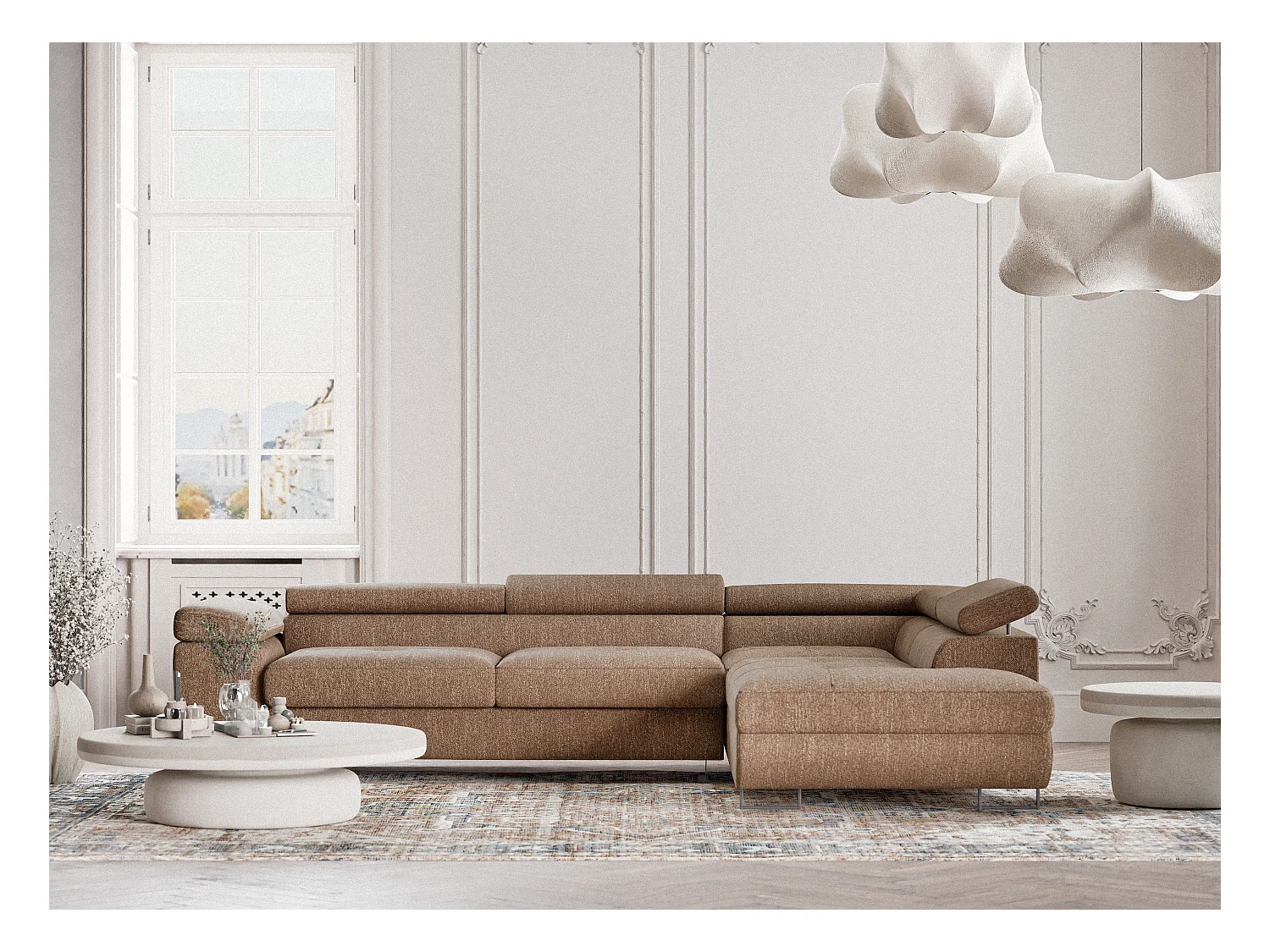 Canapé d'angle convertible Concord im tissu tresse - 5 places - brun