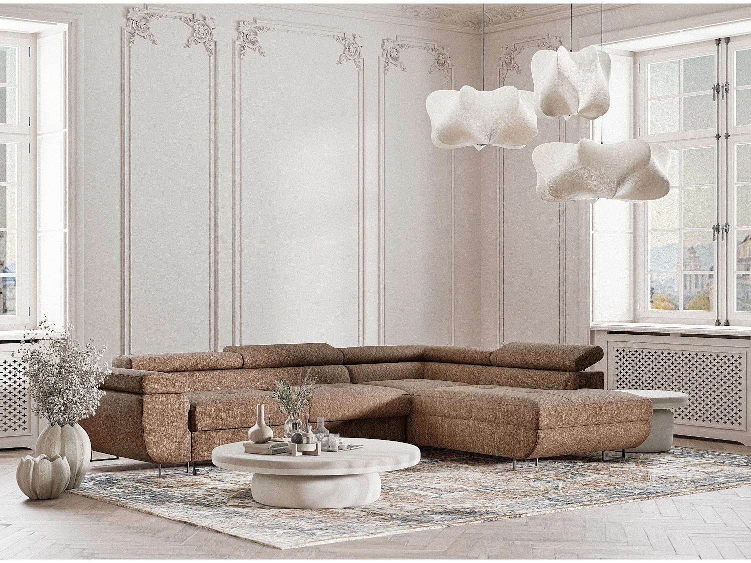 Canapé d'angle convertible Concord im tissu tresse - 5 places - brun