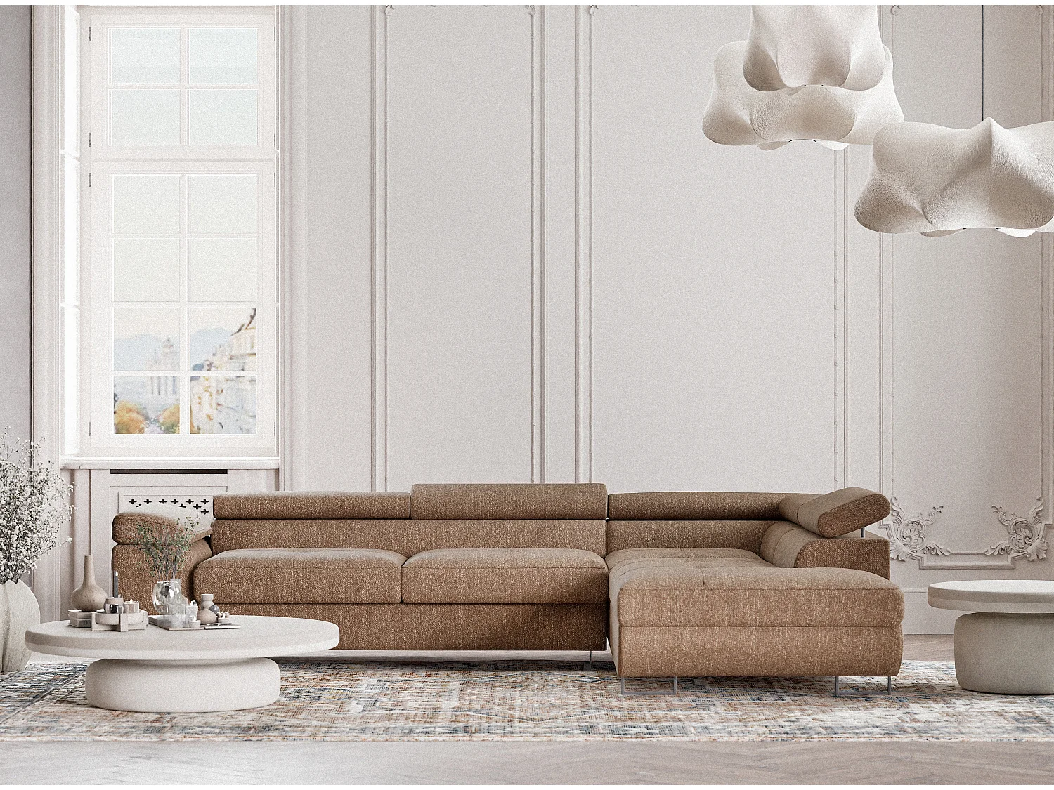 Canapé d'angle convertible Concord im tissu tresse - 5 places - brun