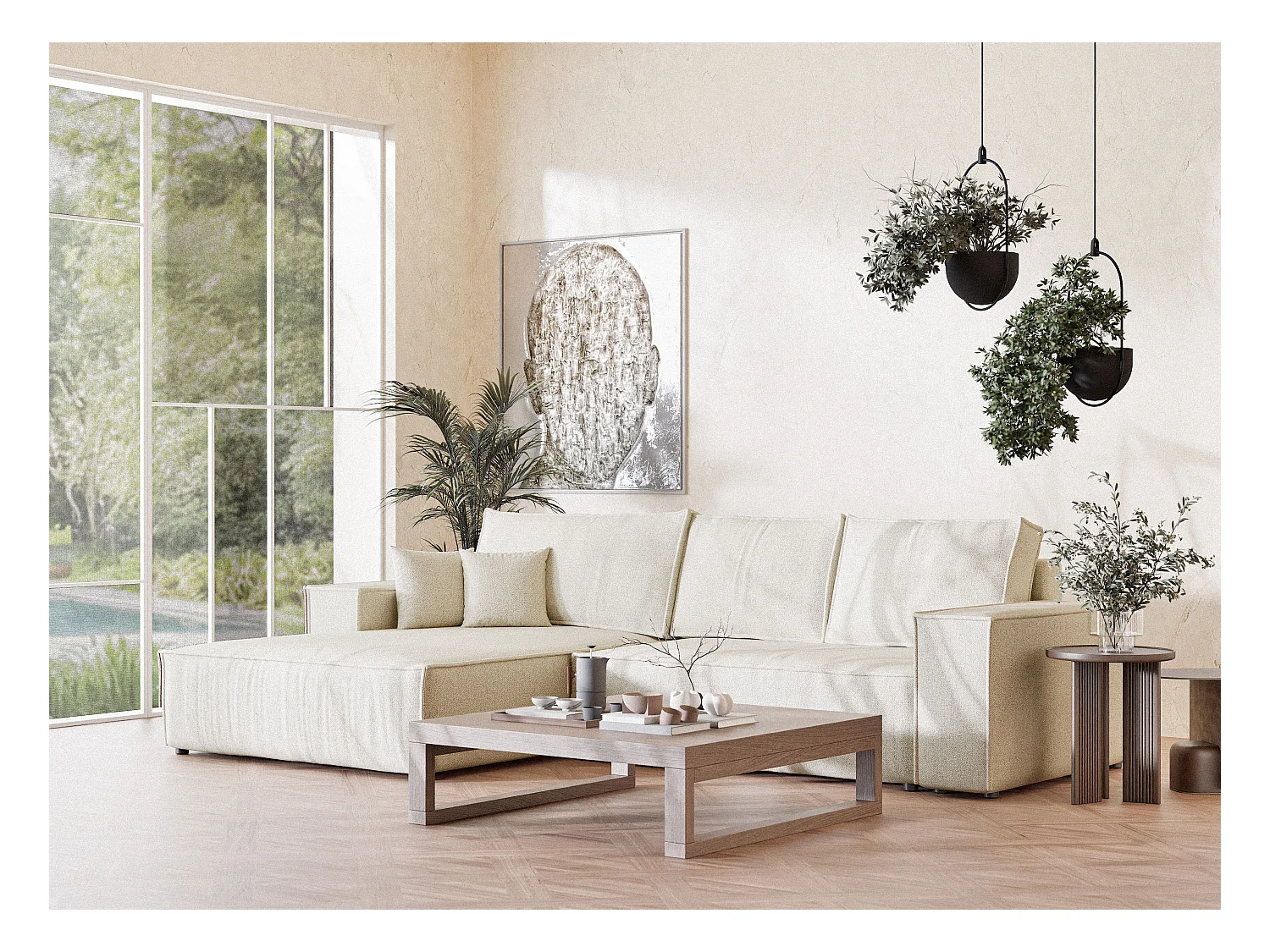 Canapé d'angle convertible Maze im tissu tresse - 5 places - creme