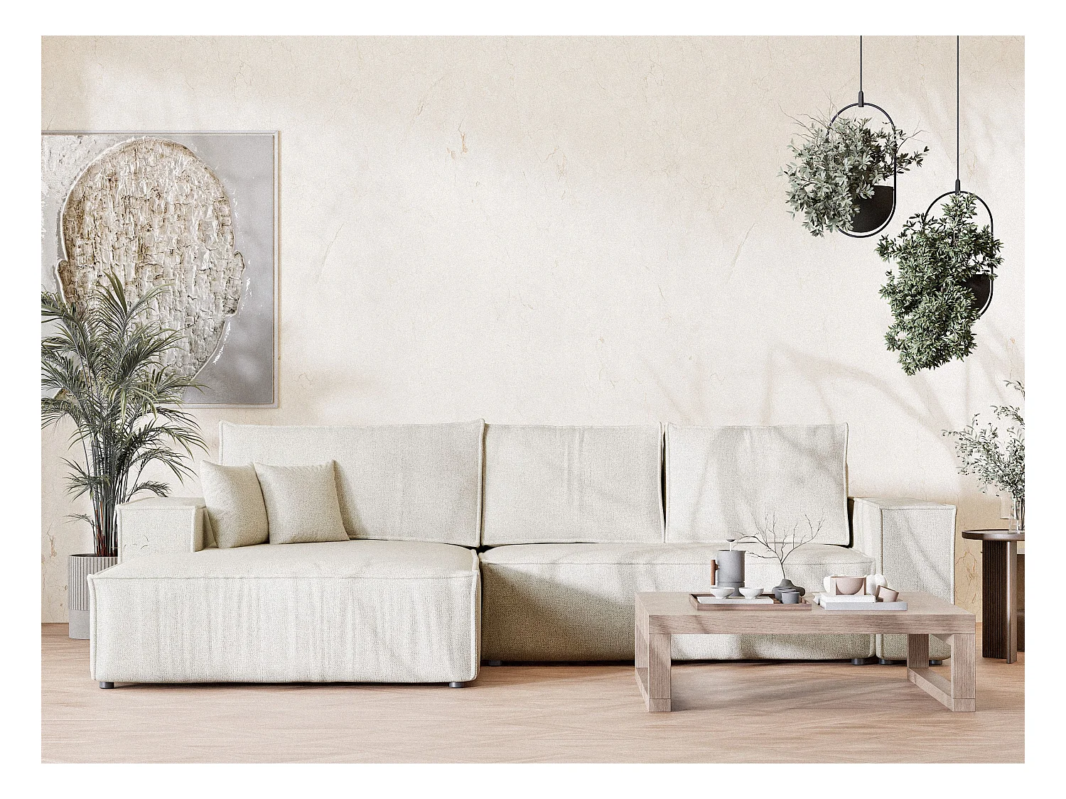 Canapé d'angle convertible Maze im tissu tresse - 5 places - creme