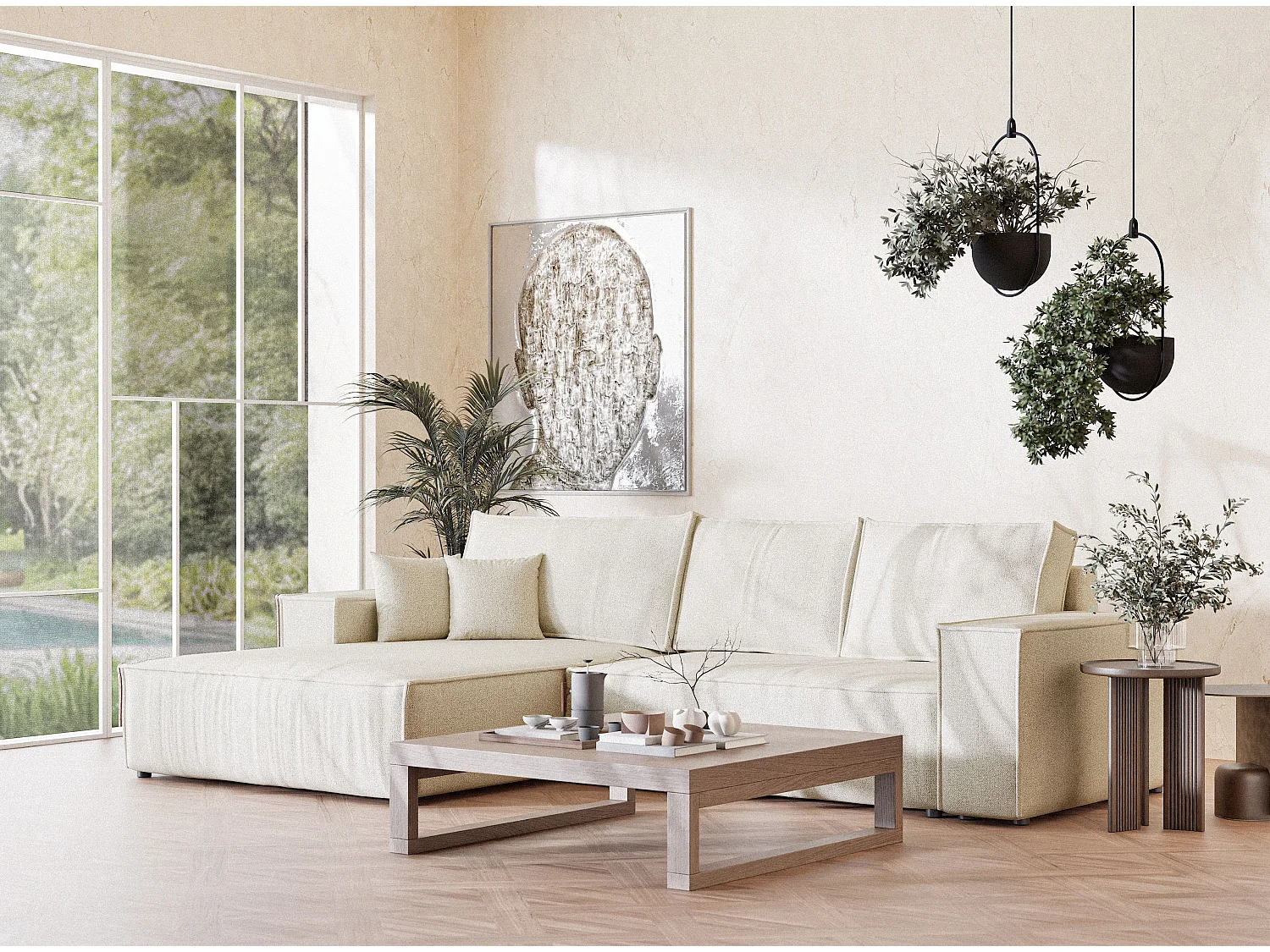 Canapé d'angle convertible Maze im tissu tresse - 5 places - creme