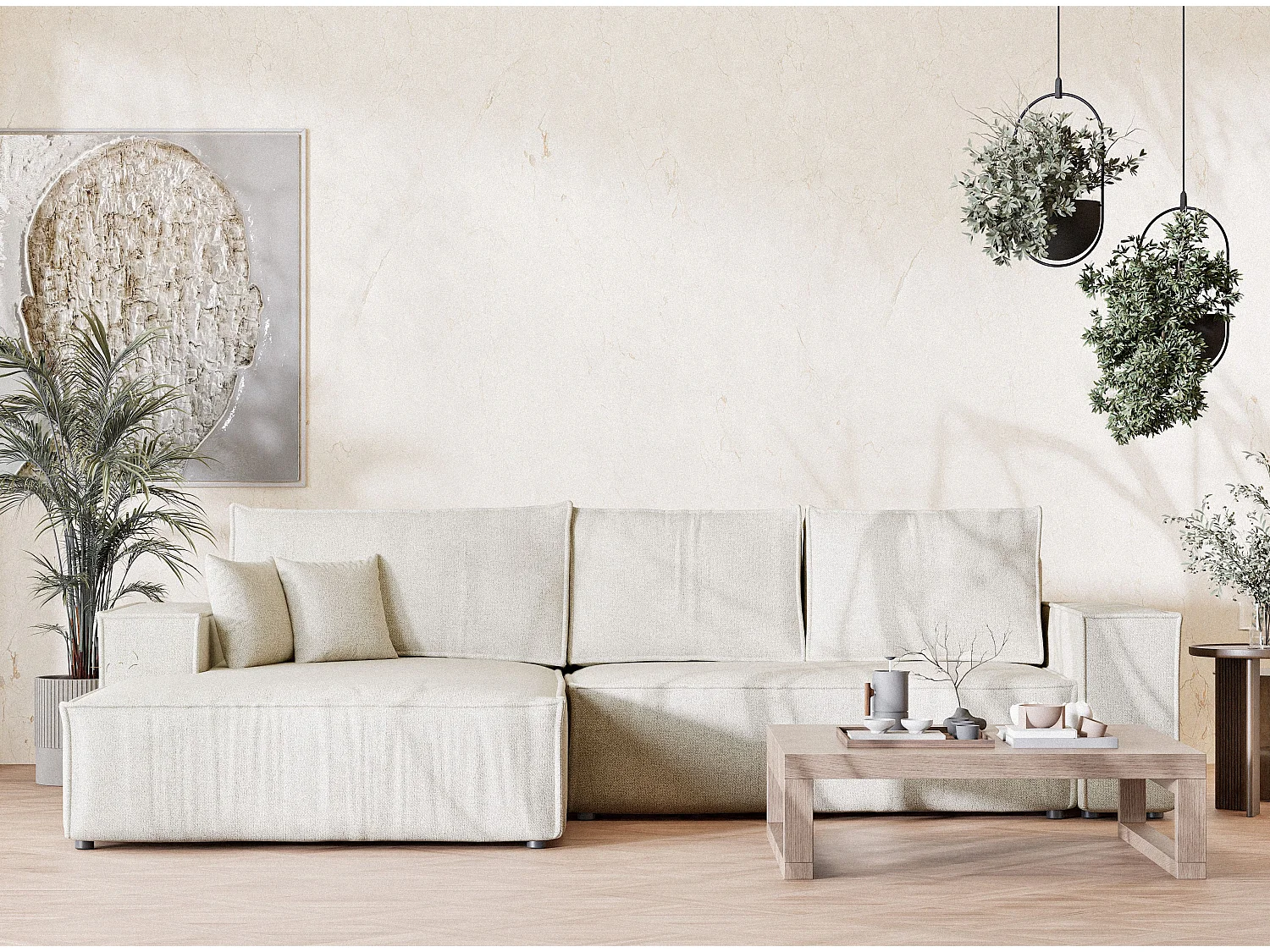 Canapé d'angle convertible Maze im tissu tresse - 5 places - creme