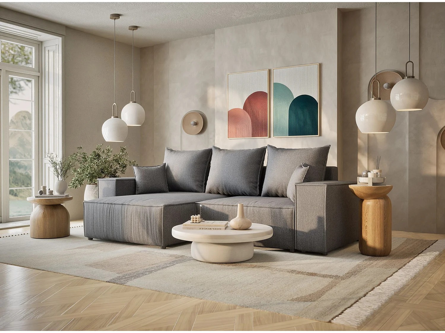 Canapé d'angle convertible Moyo im tissu tresse - 3 places - gris