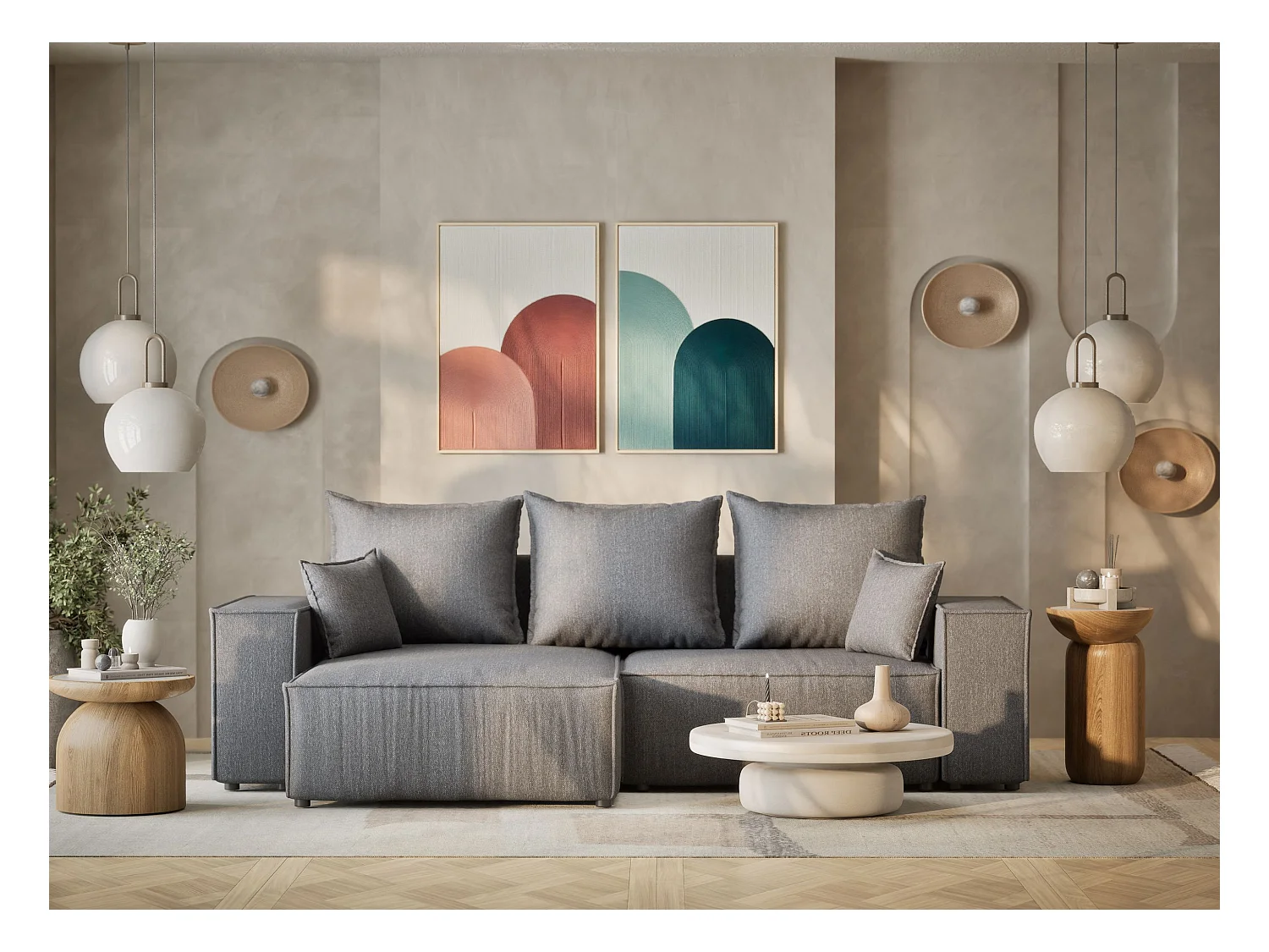 Ecksofa mit Schlaffunktion Moyo aus Webstoff - Drei-Personen - grau