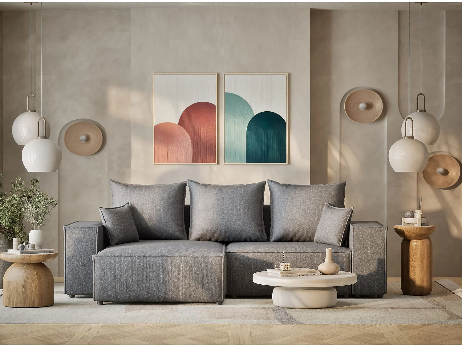 Canapé d'angle convertible Moyo im tissu tresse - 3 places - gris