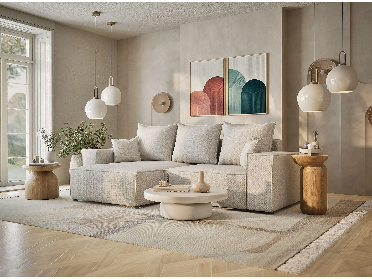 Canapé d'angle convertible Moyo im tissu tresse - 3 places - creme