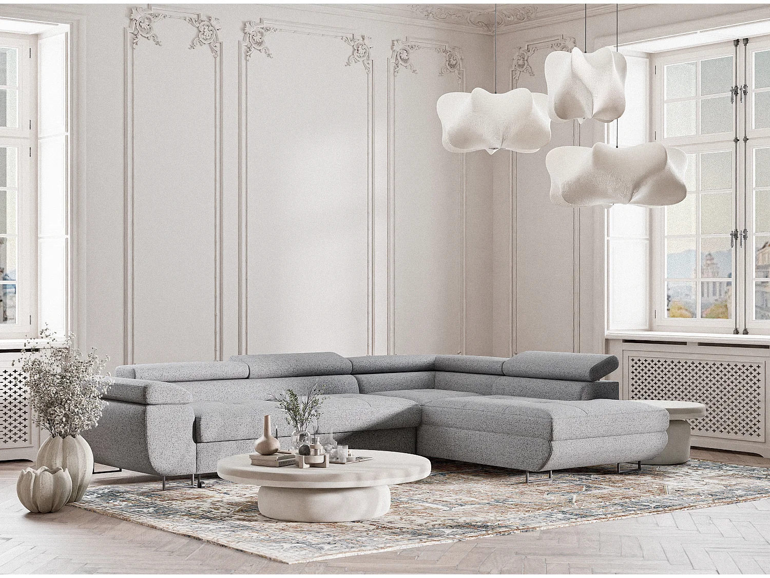 Canapé d'angle convertible Concord im tissu tresse - 5 places - gris clair