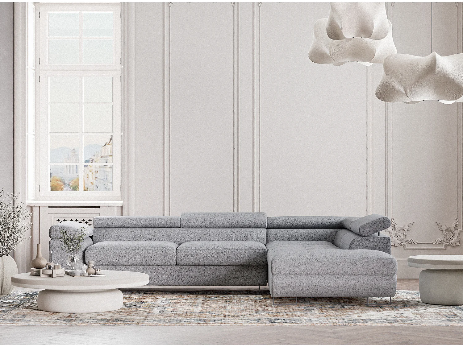 Canapé d'angle convertible Concord im tissu tresse - 5 places - gris clair