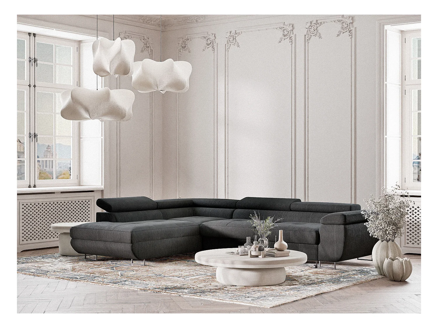 Canapé d'angle convertible Concord im tissu de velours - 5 places - anthracite