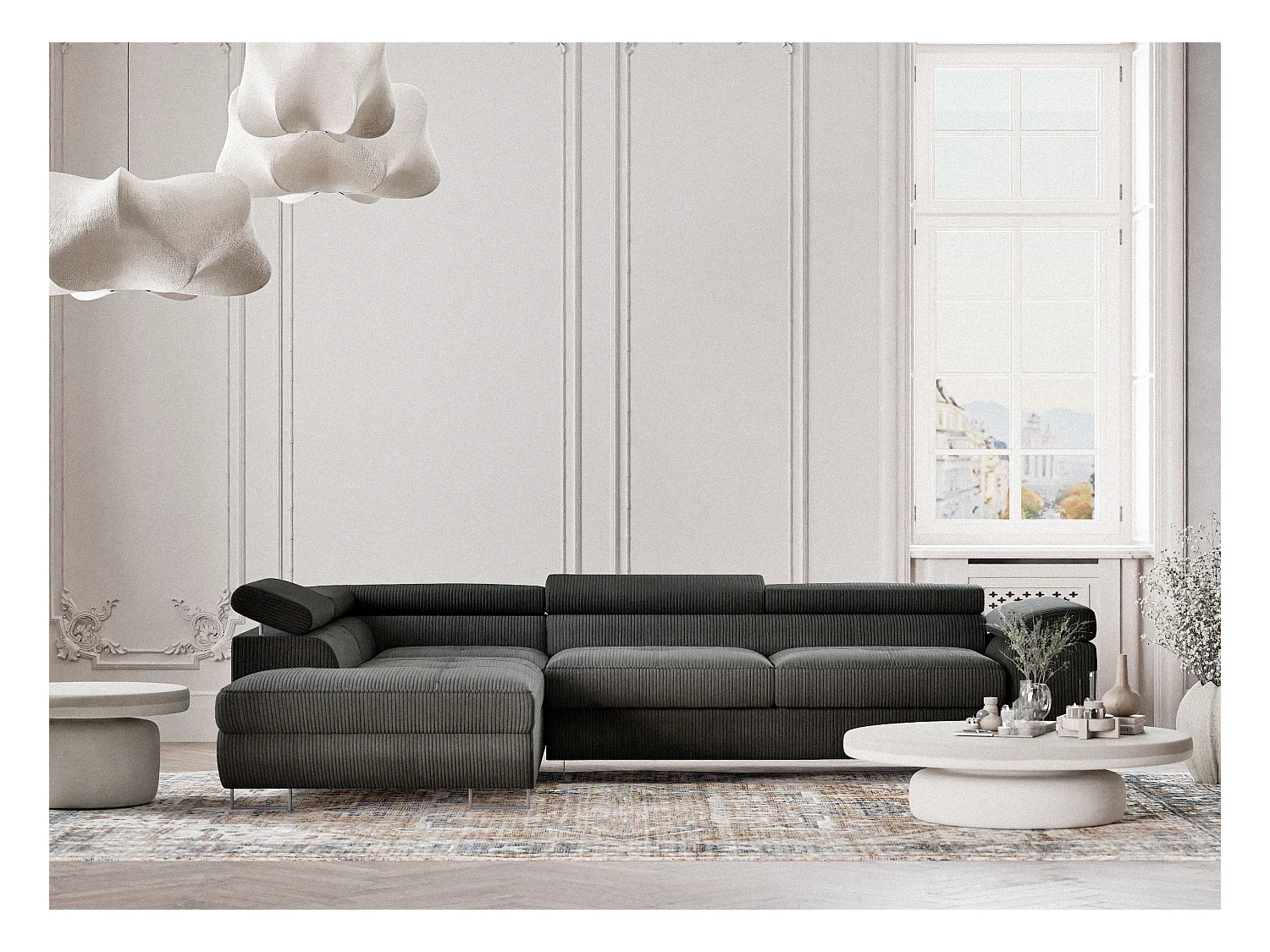 Canapé d'angle convertible Concord im tissu de velours - 5 places - anthracite