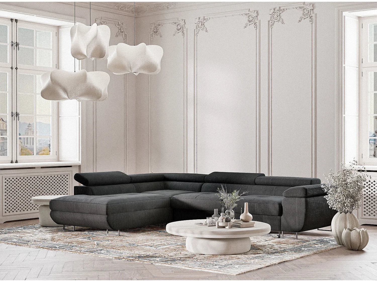 Canapé d'angle convertible Concord im tissu de velours - 5 places - anthracite