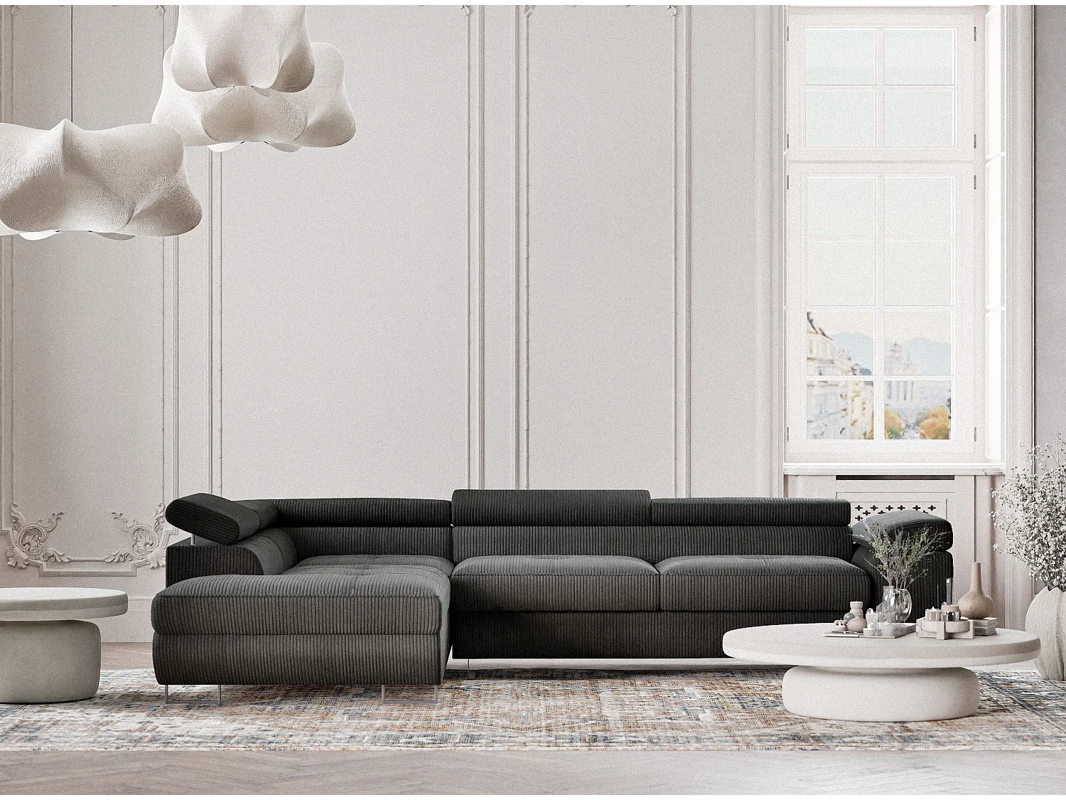 Canapé d'angle convertible Concord im tissu de velours - 5 places - anthracite