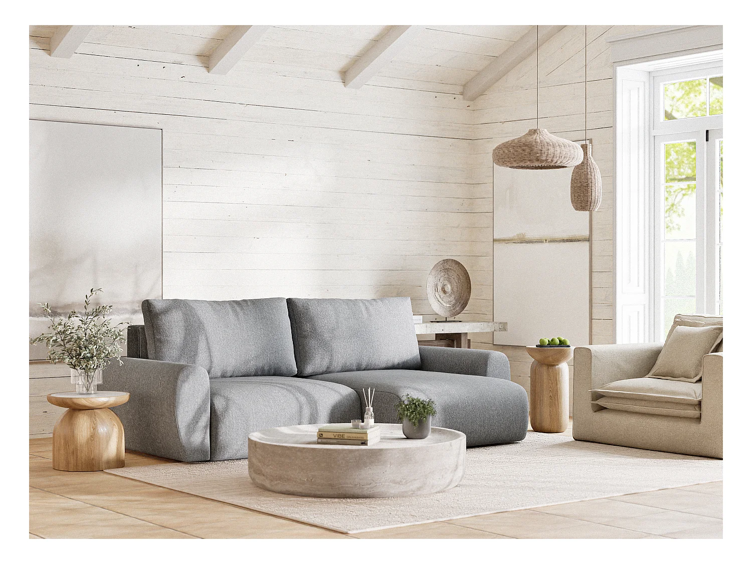 Ecksofa mit Schlaffunktion Numba aus Webstoff - Drei-Personen - grau