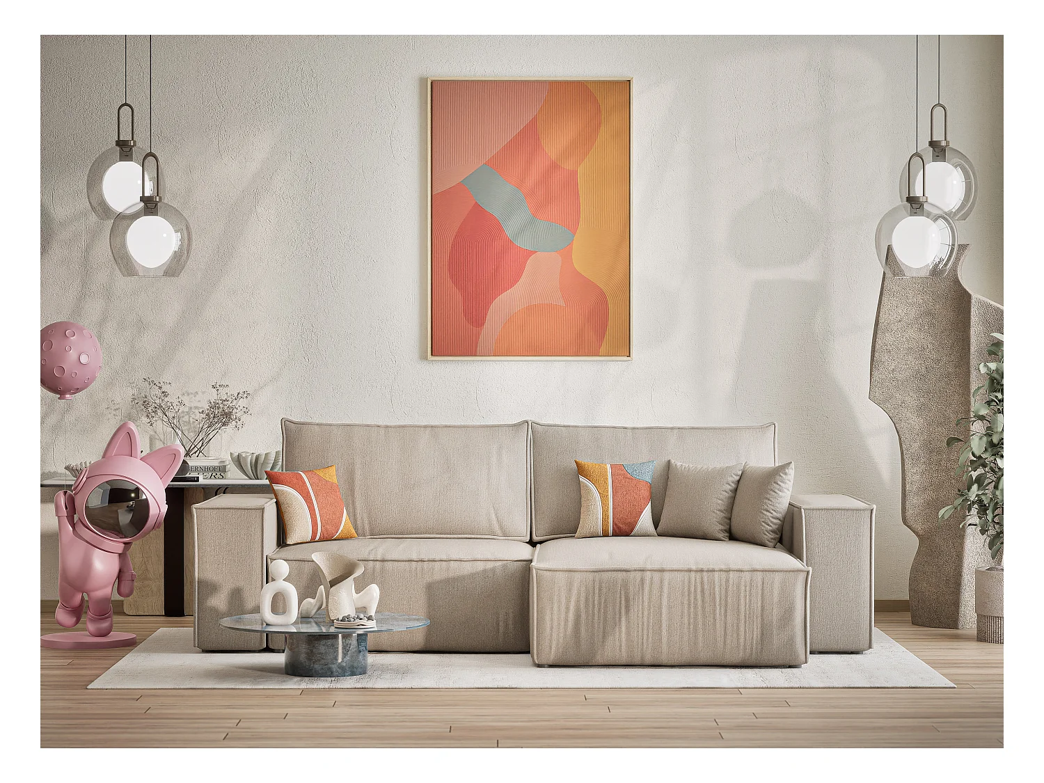 Canapé d'angle convertible Zaya im tissu tresse - 3 places - beige