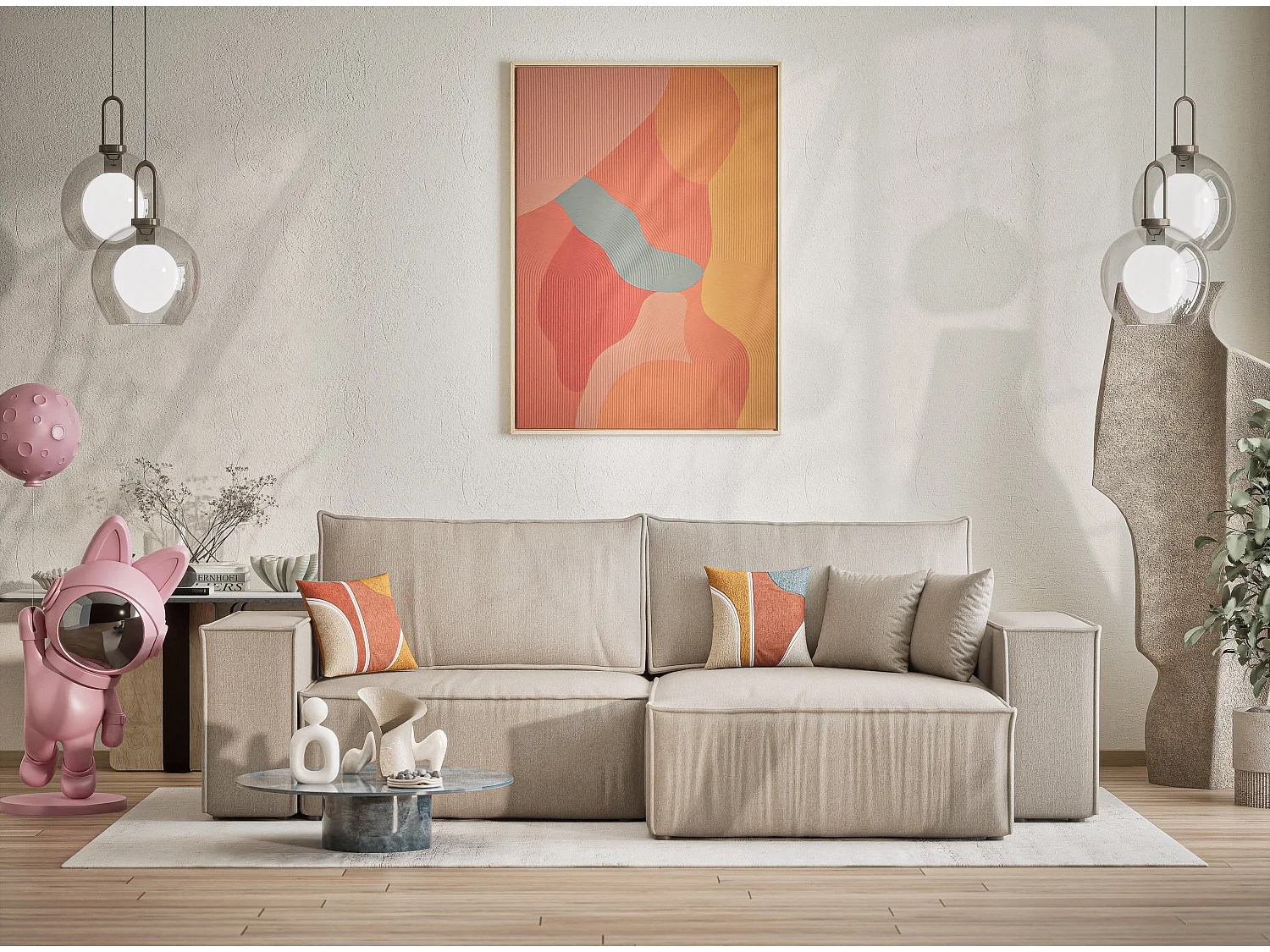 Ecksofa mit Schlaffunktion Zaya aus Webstoff - Drei-Personen - beige