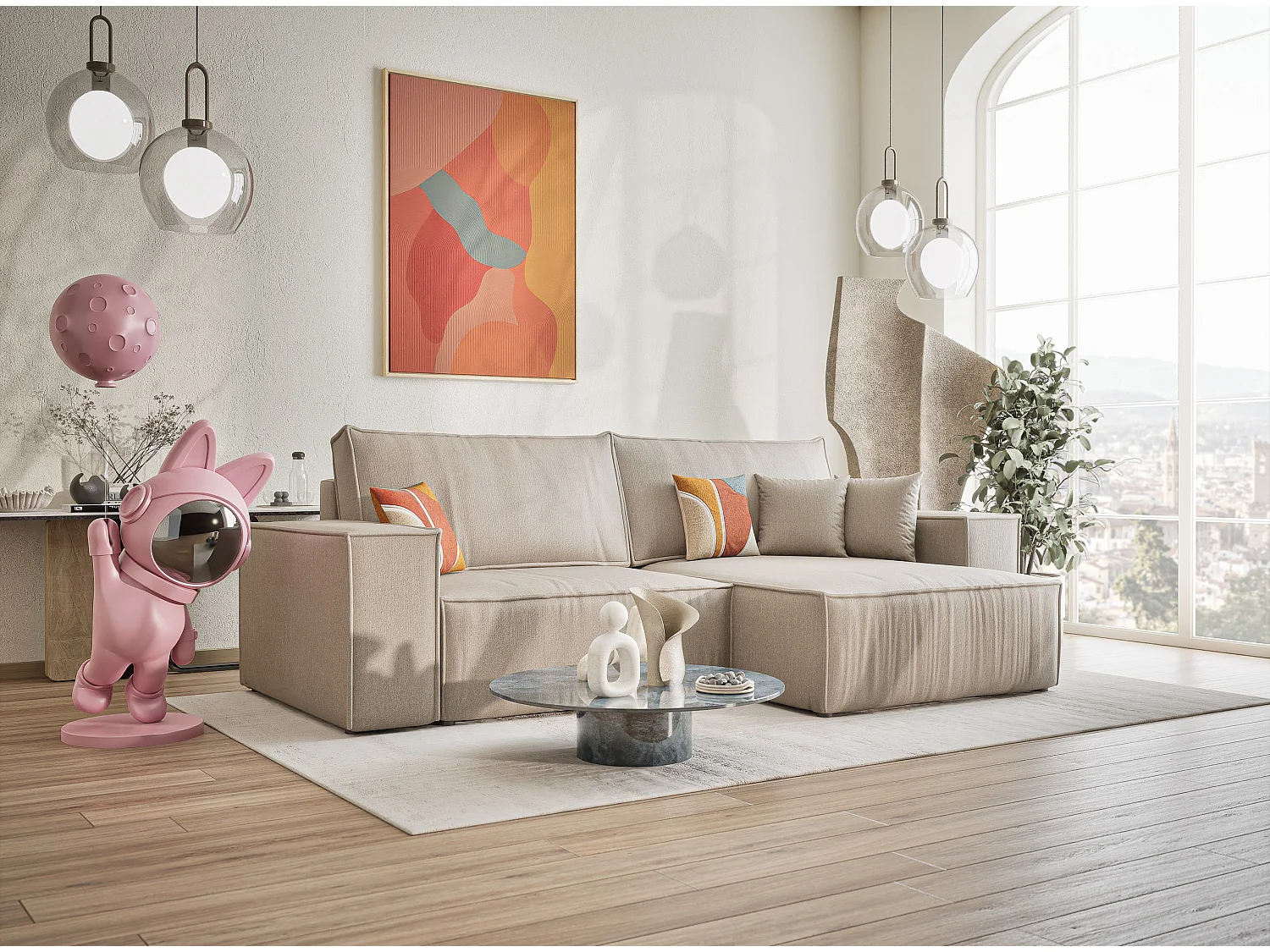 Ecksofa mit Schlaffunktion Zaya aus Webstoff - Drei-Personen - beige