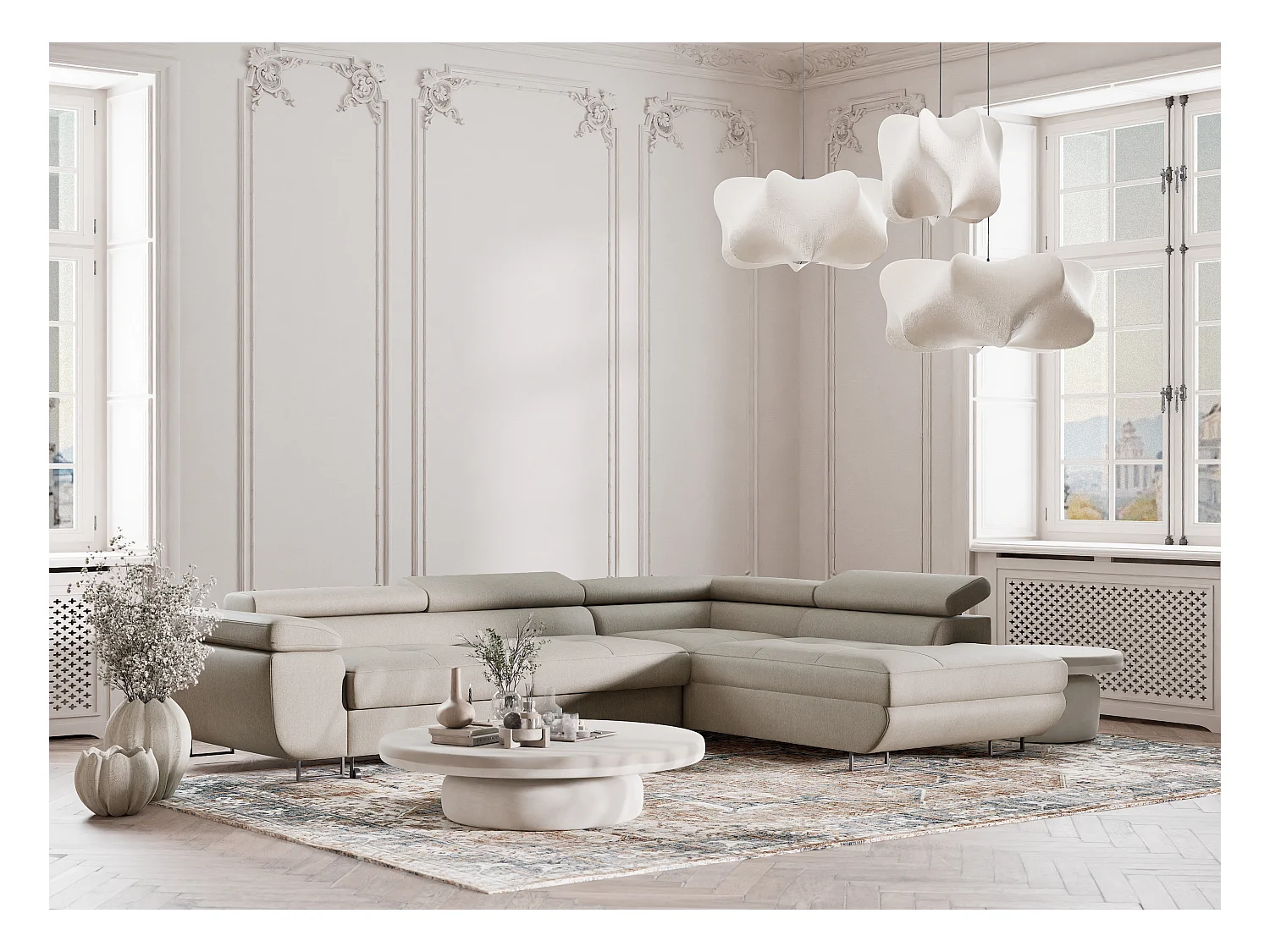 Canapé d'angle convertible Concord im tissu tresse - 5 places - beige