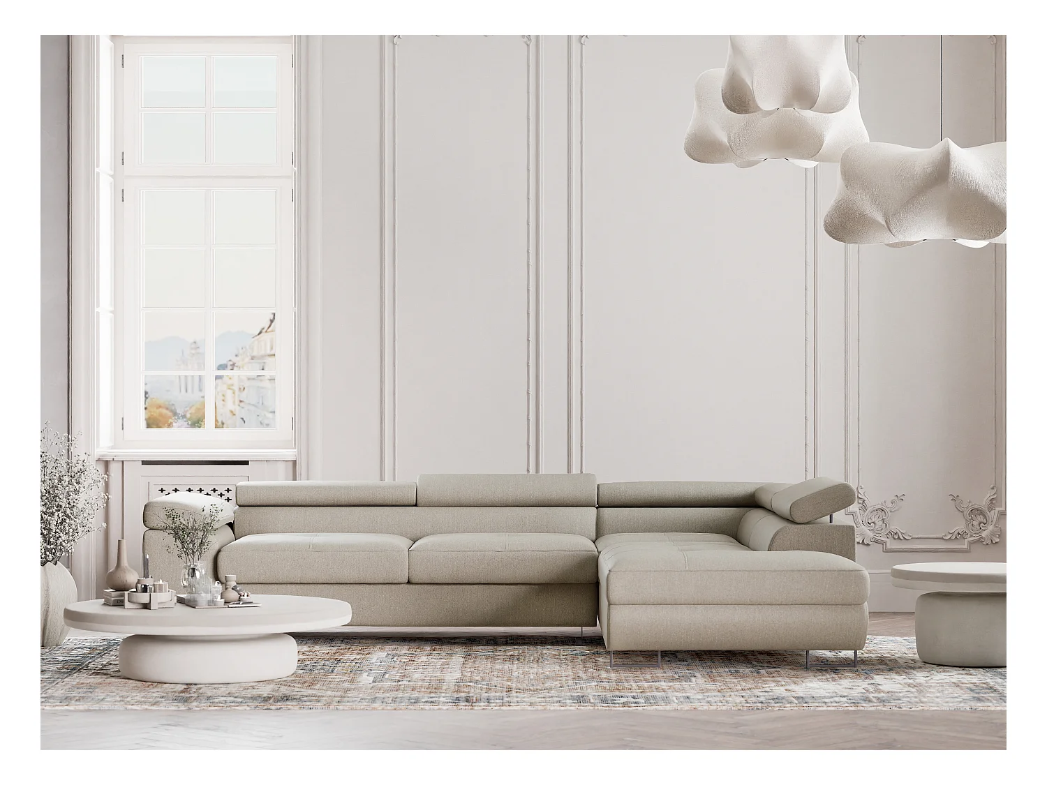 Canapé d'angle convertible Concord im tissu tresse - 5 places - beige