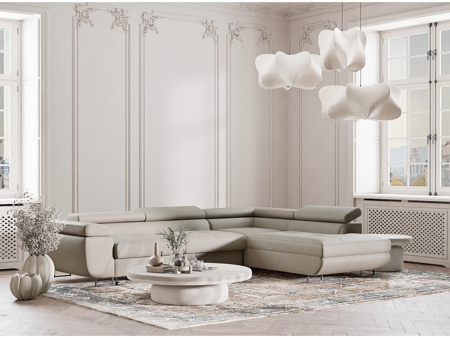 Canapé d'angle convertible Concord im tissu tresse - 5 places - beige