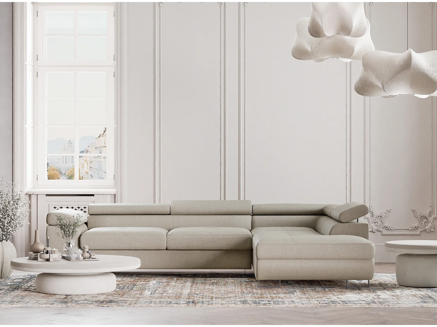 Canapé d'angle convertible Concord im tissu tresse - 5 places - beige