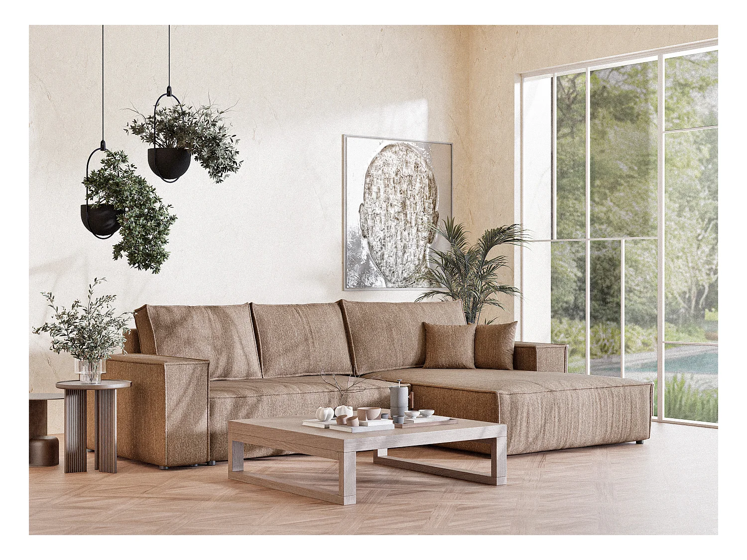 Canapé d'angle convertible Maze im tissu tresse - 5 places - brun