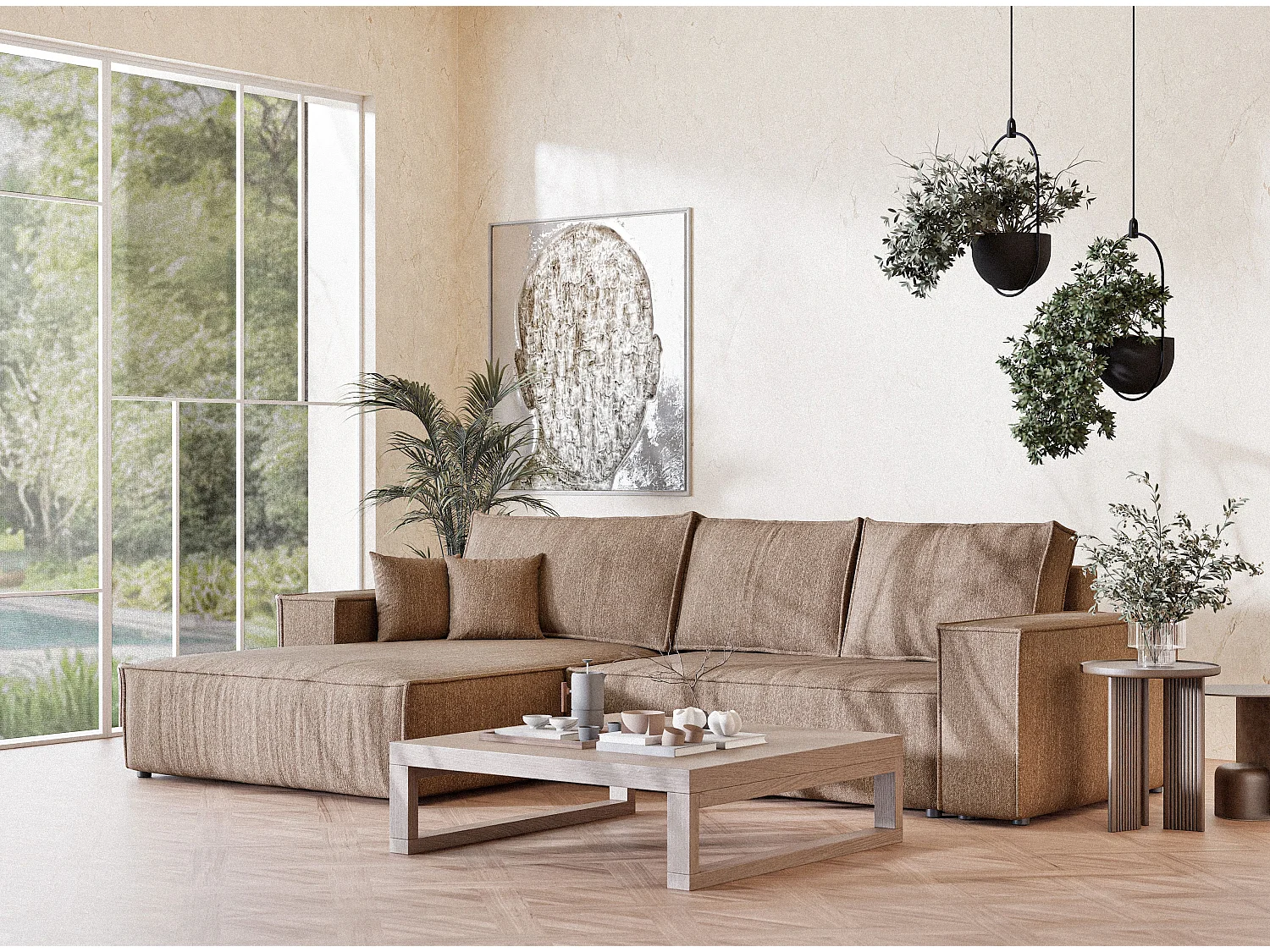 Hoekbank met slaapfunctie Maze in geweven stof - Vijfpersoons - bruin