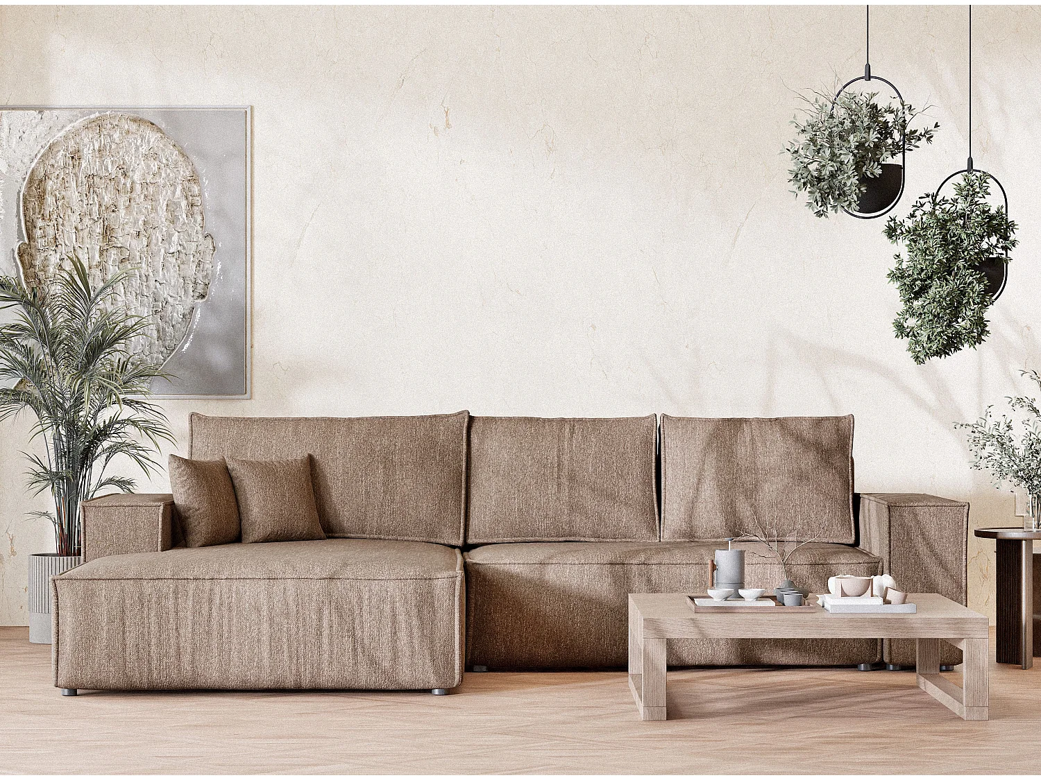 Hoekbank met slaapfunctie Maze in geweven stof - Vijfpersoons - bruin