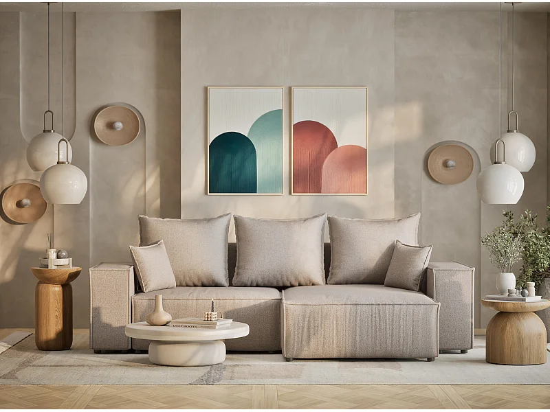 Ecksofa mit Schlaffunktion Moyo aus Webstoff - Drei-Personen - beige