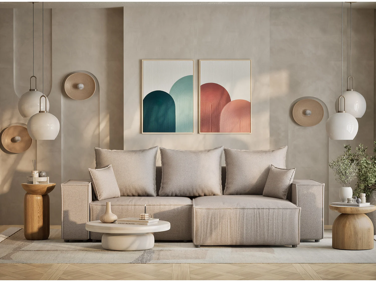 Canapé d'angle convertible Moyo im tissu tresse - 3 places - beige