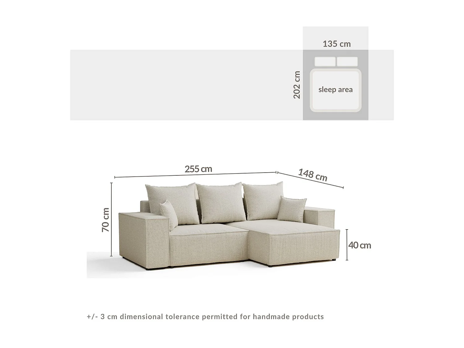 Canapé d'angle convertible Moyo im tissu tresse - 3 places - beige