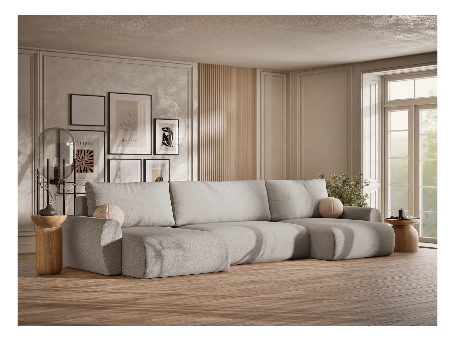 Sofa panoramiczna z funkcją spania Numba w tkaninie plecionej - sześcioosobowa - beżowy