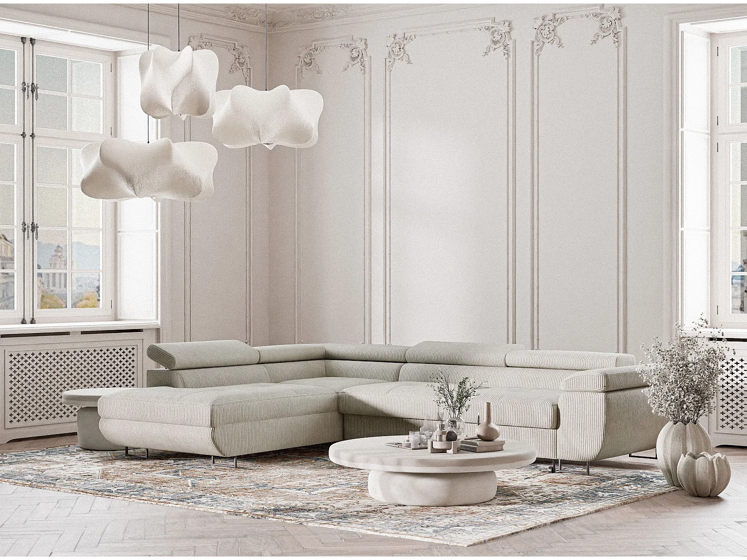 Canapé d'angle convertible Concord im tissu de velours - 5 places - creme